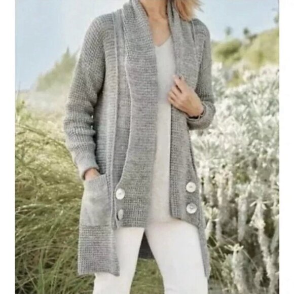 Soft Surroundings Townsend Cardigan L Shawl Collar Open Chunky Thick Knit Gray - Picture 1 of 8